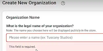 image where organization name needs to be created in Oculus developer site