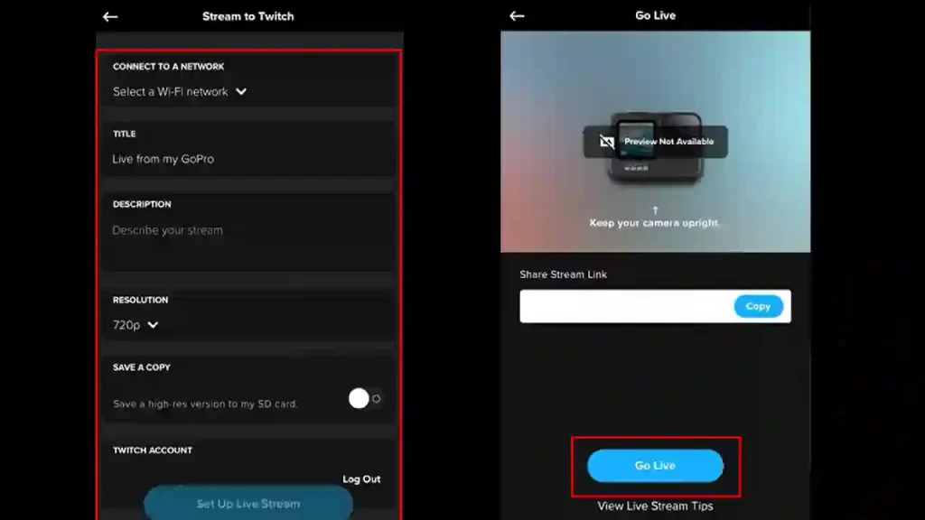How to stream IRL on Twitch from GoPro  steps 9 and 10 screenshots