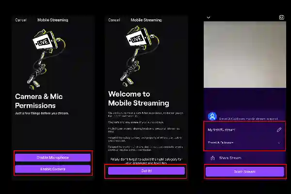 How to stream IRL on Twitch from phone steps 5 to 8 screenshots