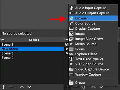Image showing where you can find the Browser source in OBS
