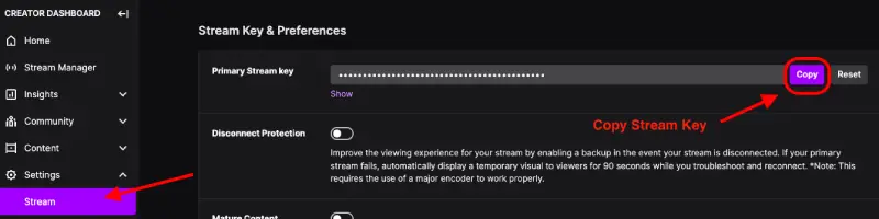 Stream key location under stream in Twitch