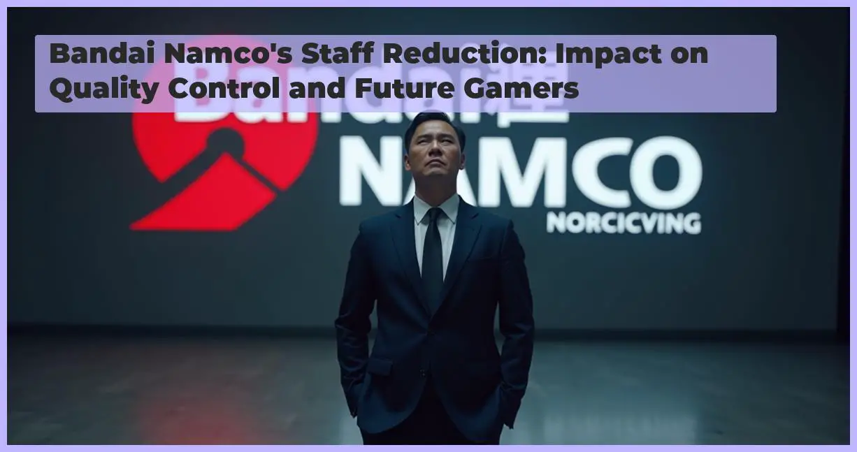 an image of A photorealistic image of a person in a business suit standing in front of a Bandai Namco logo with a sad expression, indicating the company's financial struggles in the gaming industry. Composition: Center the person in the frame with the logo behind them. Details: Add textures to the suit and logo, and include a subtle reflection on the floor. Style: High-resolution, professional photography.