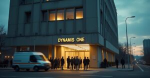 Police raid on Dynamis One modern office building shown under surveillance