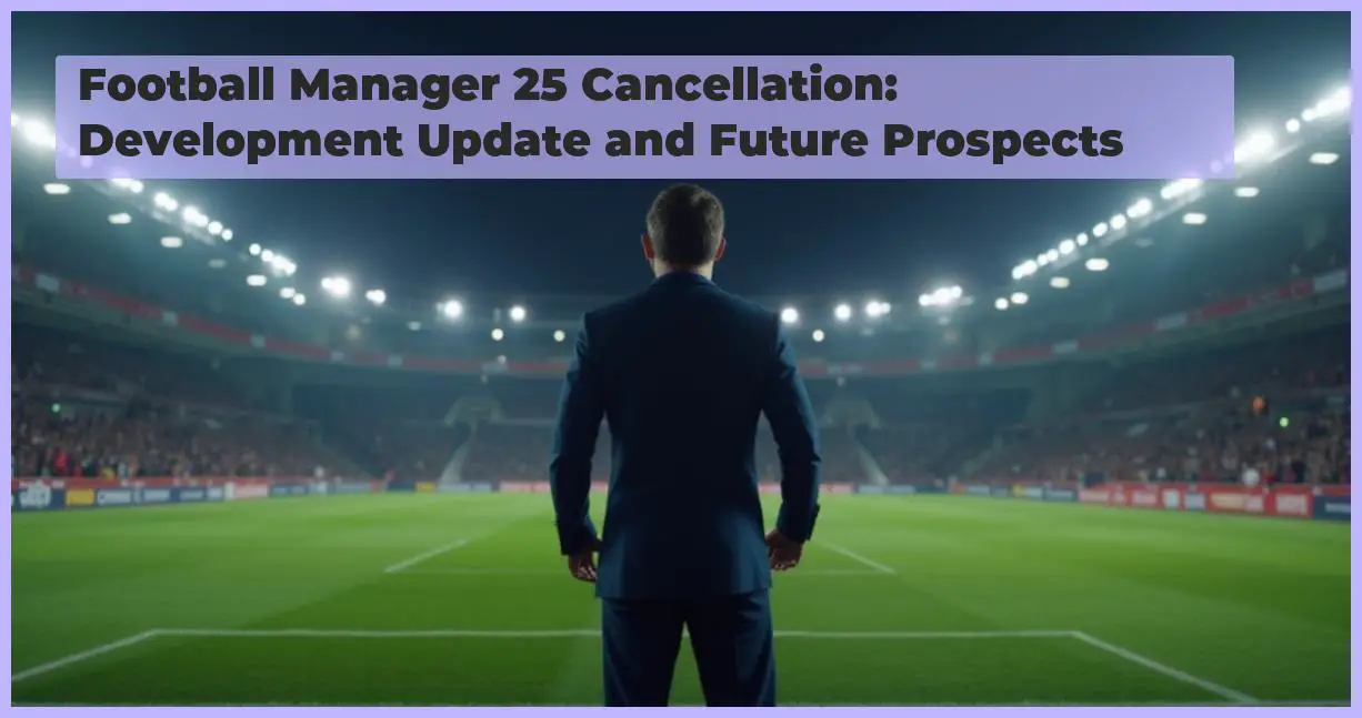an image of A determined football manager standing on a floodlit stadium pitch at night, looking out at the empty stands with a contemplative expression, symbolizing the challenges and uncertainties surrounding the cancellation of Football Manager 25.