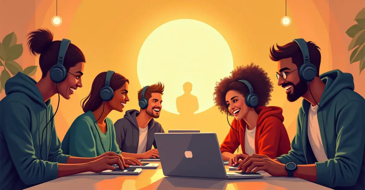 an image of A group of diverse gamers collaborate joyfully in a bright, welcoming gaming space, showcasing the positive outcomes of Multiplayer Etiquette with respectful communication and consent in multiplayer streaming. The scene radiates harmony and mutual enjoyment, with warm lighting and natural interactions.