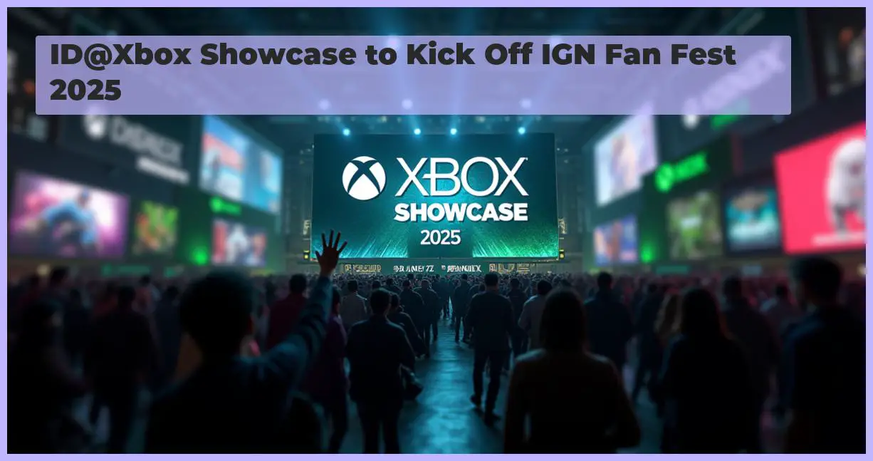 an image of A photorealistic image of a crowded gaming convention floor with a large screen displaying the ID@Xbox Showcase 2025 logo, surrounded by excited gamers and industry professionals, with a professional photography style and high-resolution details, including textures, reflections, and shadows. The composition should feature a central focal point, with the screen and logo prominently displayed, and the crowd blurred in the background to convey a sense of energy and movement. The style should be reminiscent of a real-life, professional photograph, with accurate lighting and color grading.