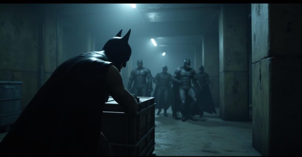 Batman: Arkham Shadow VR Crossed 1 Million Players, an in-depth review 2 an image of An immersive VR screenshot of Batman: Arkham Shadow, showcasing the game's stealth mechanics, with Batman crouched behind a crate, looking out at a group of enemies, set in a dark and gritty environments with realistic shadows and reflections, using a wide-angle lens to create a sense of presence, and a color palette that emphasizes blues and greys to convey a sense of darkness and foreboding.