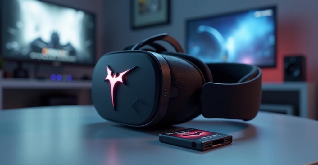 Batman: Arkham Shadow VR Crossed 1 Million Players, an in-depth review 3 an image of A close-up photorealistic image of the Meta Quest 3 headset, with a Batman: Arkham Shadow game cartridge inserted, placed on a sleek, modern table, with a blurred background of a gaming setup, using a macro lens to highlight the textures and details of the headset, and a bright, even lighting to convey a sense of innovation and technology.