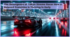 image of a sleek, modern racing car in Tokyo Xtreme Racer speeding down the neon-lit Shuto Expressway at night, with bright lights reflecting off the wet asphalt