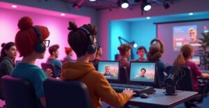 Stream Ideas for VTubers having a diverse group of animated VTubers engaged in various activities within a modern, well-lit streaming studio.