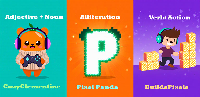 Infographic illustrating three creative formulas for choosing a Twitch username: Adjective + Noun, Alliteration, and Verb/Action.