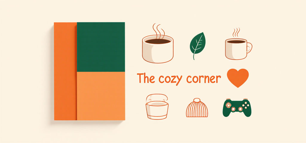 Brand kit for a cozy Twitch theme, showcasing a warm color palette of cream and orange, and soft, rounded fonts.